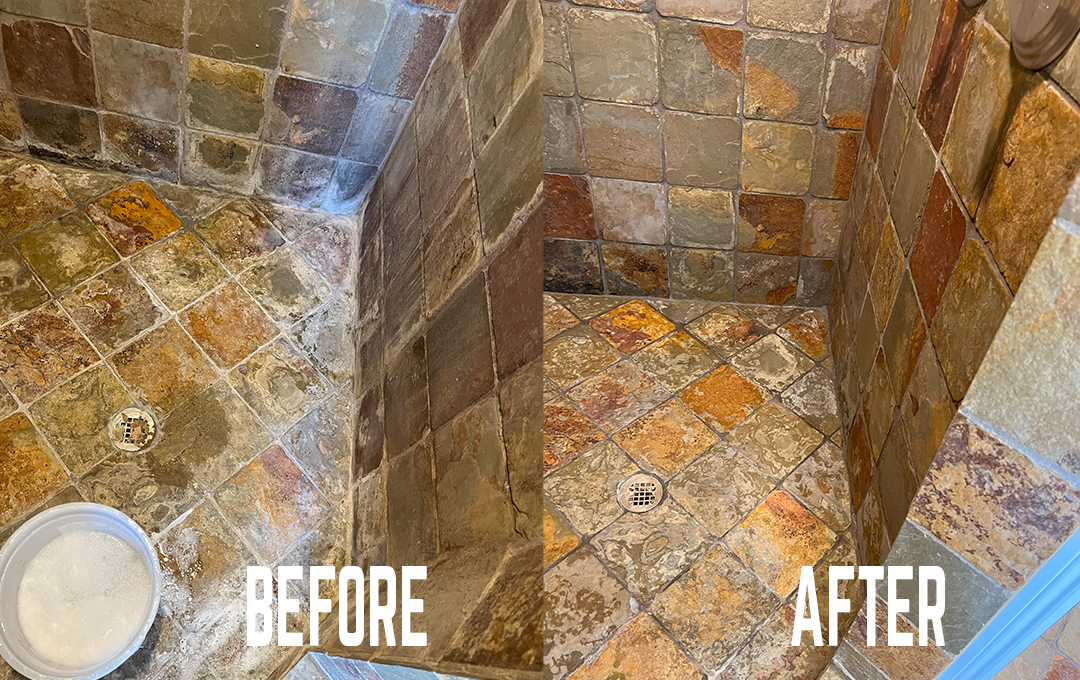 Slate shower restored before and after