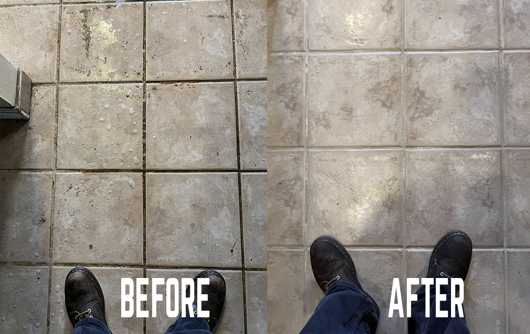 Tile and grout floor before and after cleaning